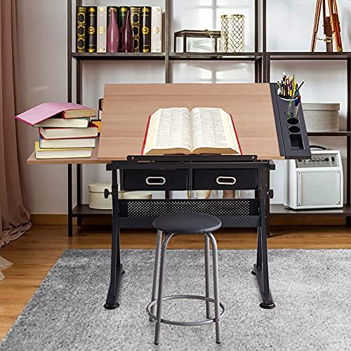 Adjustable Drawing Table with Tiltable Tabletop and 2 Drawers/Stool