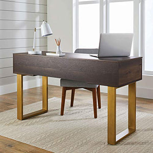Modern Computer Desk Workstation Home Office Furniture 3 Drawers Storage Organize Laptop PC Table Study Writing Reading Console Table Brown Gold Accent