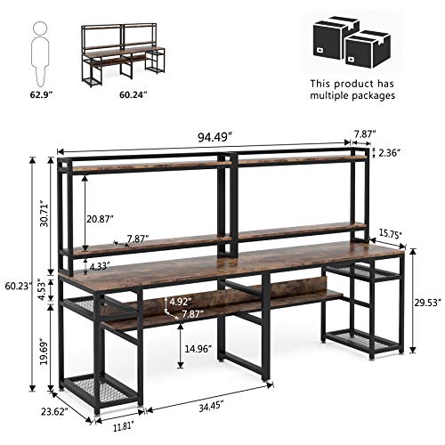 Tribesigns 94.5 inch Extra Long Double Computer Desk with Hutch & Monitor Stand, Large Two Person Desk with Storage Shelves & CPU Stand, Study Writing Table Workstation with Bookshelf for Home Office