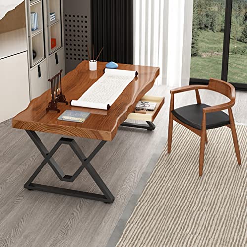 Solid Wood Computer Desk with Drawer and Sturdy Metal Bracket, 5cm Pine Panel Game Table Study Desk (300x120x75cm)