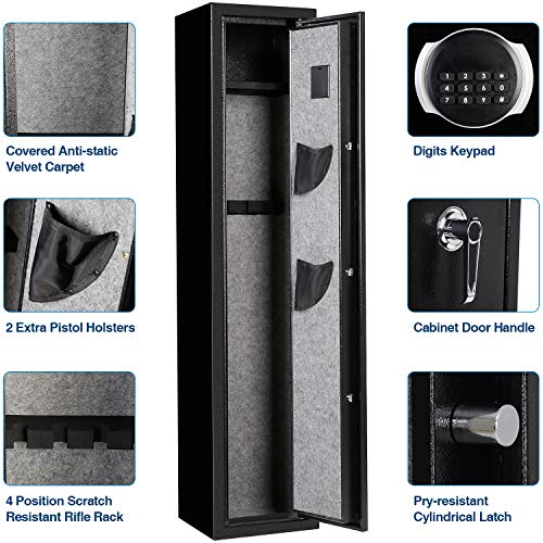 Rifle Gun Safe, Quick Access 4-Gun Metal Rifle Gun Cabinet with Removable Shelf, All-round Anti-static Rifle Safe for Bullets and Valuables, with 2 pistol holsters (Digital Keypad)
