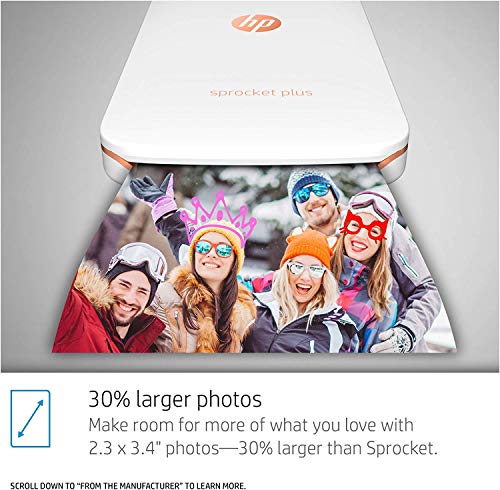 HP Sprocket Plus Instant Photo Printer, Print 30% Larger Photos on 2.3x3.4 Sticky-Backed Paper – White (2FR85A)
