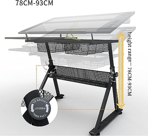CNAOHGHN Glass Drafting Desk with Adjustable Height, 2 Storage Drawers, and Stool