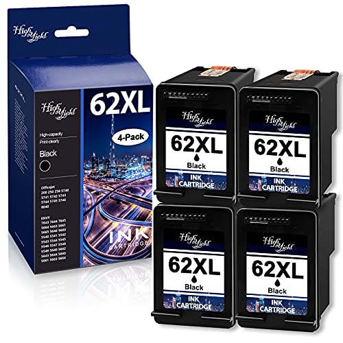 4 Pack 62XL 62 XL Black High Yield Remanufactured Compatible Ink Cartridge Replacement for HP Envy 5644 5660 5661 5663 5664 5665 7640 7643 7644 7645 5664 Mobile Printer