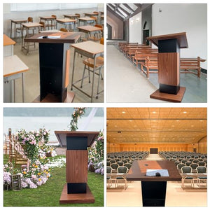 Mecpramy Wooden Podium with Storage & Lockable Wheels, Mic Stand Space - Elegant Design for Restaurants, Churches, Seminars, Schools