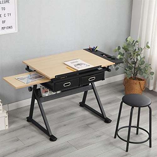Unknown1 Adjustable Wood Drafting Desk with 2 Drawers(Wood) Black Rectangle Wood Adjustable Height