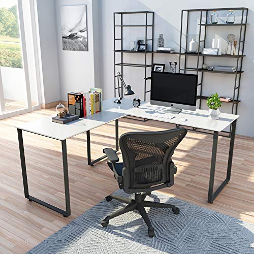 Goujxcy L-Shaped Computer Desk, Home Office Corner PC Laptop Study Table Workstation Writing Desk (White)