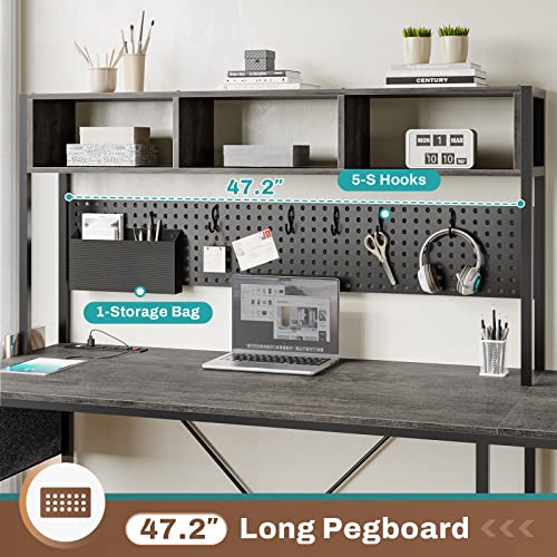 SEDETA L Shaped Desk with Power Outlet, Pegboard, LED Light - Grey