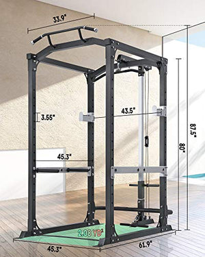 Power Rack Squat Rack Power Cage with LAT Pulldown Strength Training Smith Machine 1600-Pound Capacity 14 Height Adjustable Squat Cage with Pull-up Bar for Home Gym Barbell