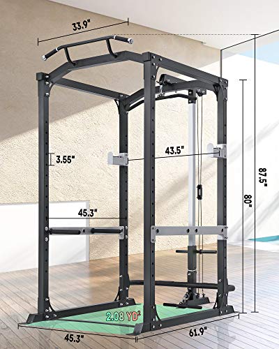 Power Squat Rack Power Cage with LAT Pulldown Attachments Power Squat Rack Adjustable Barbell Strength Training Smith Machine for Home Gym