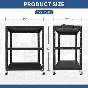 Auto Dynasty Universal Adjustable-Height AV Rolling Storage Cart with Power Strip, 3 Outlets, 35"x24-42"x25", Black