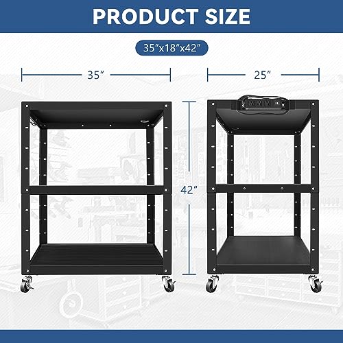 Auto Dynasty Universal Adjustable-Height AV Rolling Storage Cart with Power Strip, 3 Outlets, 35"x24-42"x25", Black