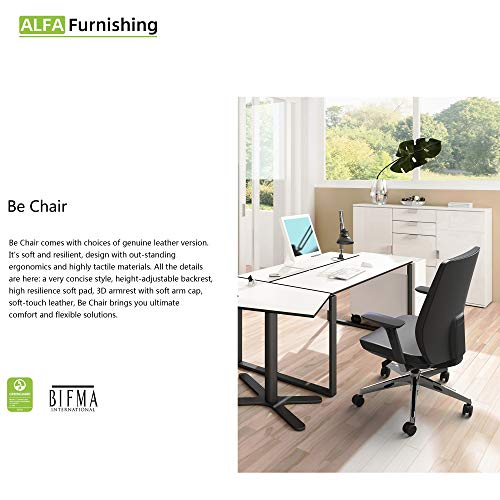 ALFA Furnishing Genuine Leather Executive Office Chair with Adjustable Backrest & Aluminum Base, Lumbar Support Leather Chair with Adjustable 3D Armrests – Black