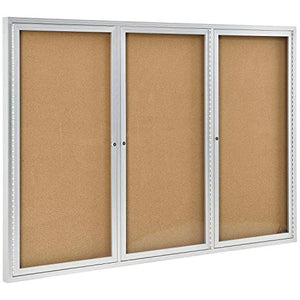 3 Door Enclosed Bulletin Board, Cork, Aluminum Frame. 72" x 48"