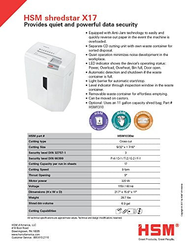 HSM shredstar X17 Cross-Cut Shredder; Shreds Up to 17 Sheets; 6.9-Gallon Capacity Shredder