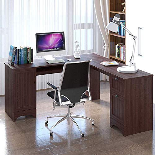 Tangkula 66.5” ×66.5” L-Shaped Desk, Modern Corner Computer Table with Drawers and Adjustable Shelf, Study Writing Table Workstation for Home Office (Coffee)
