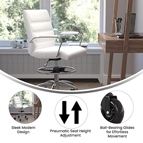 Flash Furniture Lexi Mid-Back Drafting Chair with Adjustable Foot Ring - White LeatherSoft Upholstery