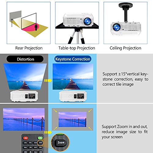Video Projector 1080P Home Theater, 2019 Upgraded 4600 Lumen LED Wxga Outdoor Movie Projectors Daylight Multimedia Proyector with HDMI USB RCA VGA AV Zoom Speakers for Game Console Laptop PC DVD TV