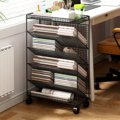 Generic Black Shelf Book Cart with Lockable Casters - Multi-Functional Rolling Library Cart