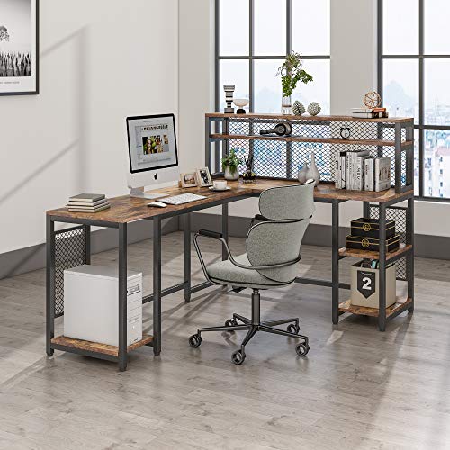 Tribesigns 67" Large Computer Desk with Hutch, Office Desk Study Table Writing Desk Workstation with 5 Storage Shelves 2 Tier Bookshelf for Home Office (Rustic Brown)