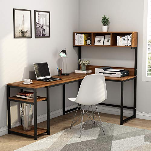 Tribesigns L-Shaped Desk with Hutch, 68 Inches Corner Computer Desk Gaming Table Workstation with Storage Bookshelf for Home Office,Dark,Walnut