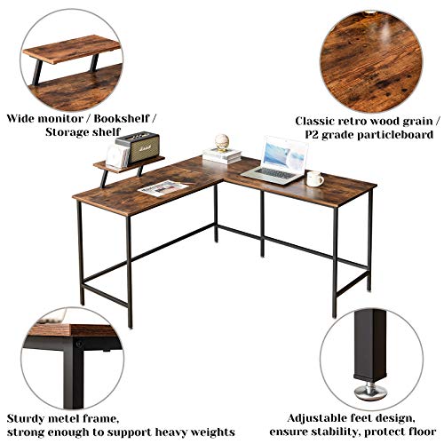 YMYNY L Shaped Computer Desk, Industrial Corner Table for Home Office, PC Laptop Workstation, Study Writing Gaming Table with Monitor Stand, Easy to Assemble, Rustic Brown UHTMJ052H