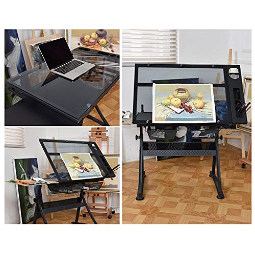 Lgan Tiltable Drawing Table, Adjustable Art Desk, with Storage Craft Table, Drafting Table Glass Panel, Child Adult Drawing Desk
