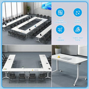 JNMDLAKO White Office Conference Room Table with Locking Casters, Foldable Flip Top Portable Training Desk (4Pcs 140CM)