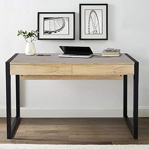 M MAJOR-Q 99400-3179JET Tone 52" W Computer Desk with Two Drawers, Power Outlet, USB Ports-Sturdy Wooden Study, Home Office Writing Laptop Table Beige Oak and Black Finish
