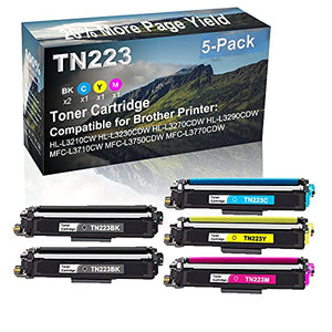 5-Pack (2BK+C+Y+M) Compatible High Yield TN223 (TN-223BK+ TN-223C+ TN-223Y+ TN-223M) Laser Printer Toner Cartridge Used for Brother MFC-L3750CDW MFC-L3770CDW Printer (with Chip)