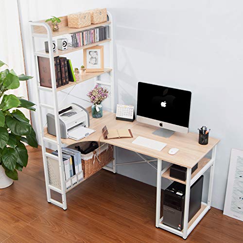 Wood Computer Desk with Metal Frame and 4-Tier Open Bookshelves Plenty Storage Spaces PC Laptop Gaming Desk Study Writing Table Workstation with Monitor & CPU Stand for Home Office Dorm School
