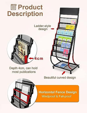 HACSYP Metal Posters Rack with Wheels, Floor-Standing Magazine & Leaflets Display Stand - Black