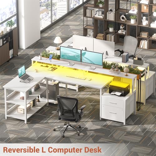 Aheaplus L Shaped Desk with File Drawer, Power Outlet, LED Strip - 72.8" Reversible Gaming & Office Corner Desk