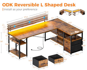 ODK L Shaped Gaming Desk with File Drawers, Power Outlets, LED Lights - 61 Inch Vintage