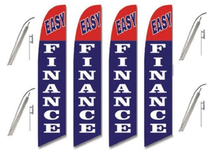 Four Full Sleeve Swooper Flags w/ Poles & Spikes EASY FINANCE Blue Red White