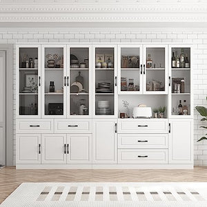 Hitow White Tall Bookshelf with Glass Doors & Drawers, 2-Piece Large Storage Cabinet Set