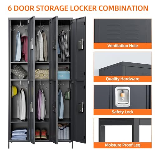 Reemoon Metal Locker Storage Cabinet for Employees, 72" Tall Steel Lockers (Dark Grey, 6 Doors)