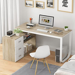 FUFU&GAGA L-Shaped Office Desk with File Cabinet, 3 Drawers & 2 Shelves - Beige