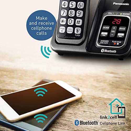 Panasonic Rugged Link2Cell Bluetooth Cordless Phone with Voice Assist, One-Touch Call Block and Answering Machine - 3 Standard Handsets + 1 Rugged Handset - KX-TGD584M2 (Black)