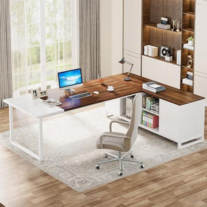 Tribesigns L-Shaped Executive Desk with File Cabinet, Walnut White