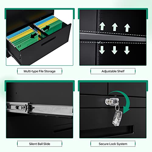 Letaya Metal File Cabinet with Lock, 2 Drawers, Adjustable Shelves - Black