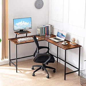 YMYNY L Shaped Computer Desk, Industrial Corner Table for Home Office, PC Laptop Workstation, Study Writing Gaming Table with Monitor Stand, Easy to Assemble, Rustic Brown UHTMJ052H