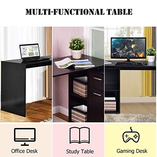 Tangkula L Shaped Desk Corner Desk, Home Office Wood Computer Workstation, Space Saving Computer Desk with Spacious Wooden Surface, Storage Shelves