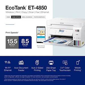 Epson EcoTank ET-4850 Wireless All-in-One Cartridge-Free Supertank Printer with Scanner, Copier, Fax, ADF and Ethernet – The Perfect Printer for Your Office - White
