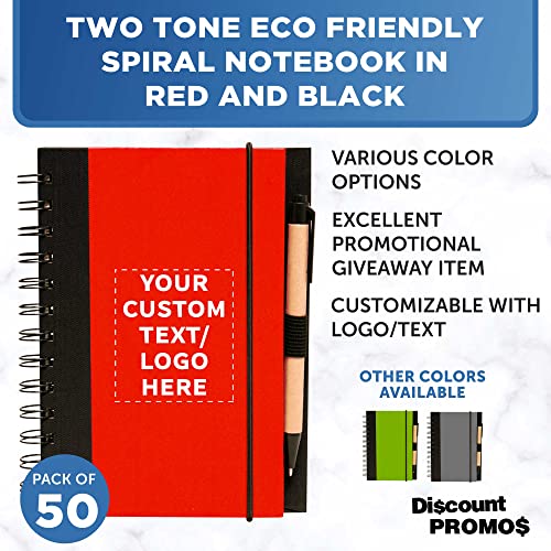 50 ECO Block Notebooks with Pens Pack - Customizable Text, Logo - Spiral, Recycled, Elastic Loop - Red