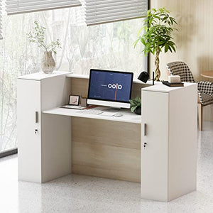 AIEGLE Large Reception Desk with Counter, Lockable Storage, Adjustable Shelves - Natural/White (70.9" W)