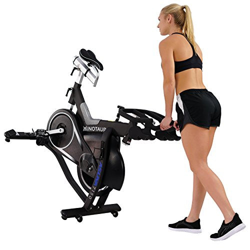 Sunny Health & Fitness ASUNA 7150 Minotaur Exercise Bike Magnetic Belt Drive Commercial Indoor Cycling Bike with 330 LB Max Weight, SPD Style / Cage Pedals and Aluminum Frame, Black