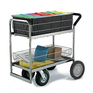 Charnstrom Rolling Medium Wire Basket Mail Delivery Cart with Rubber Wheels