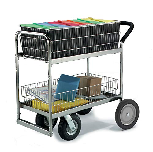 Charnstrom Rolling Medium Wire Basket Mail Delivery Cart with Rubber Wheels
