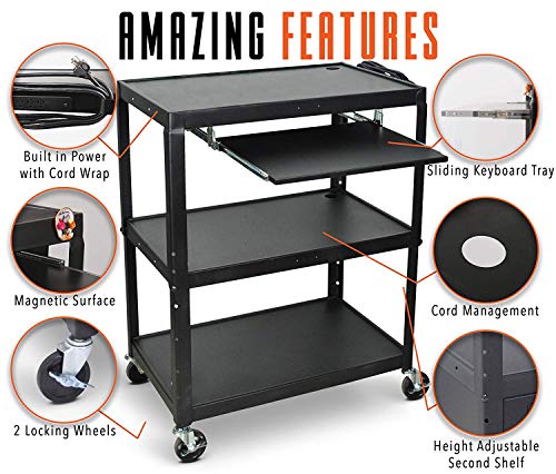 Line Leader Extra Wide AV Cart with Lockable Wheels - Adjustable Shelf Height - Includes Pullout Keyboard Tray and Cord Management (42 x 32 x 20 / Black)